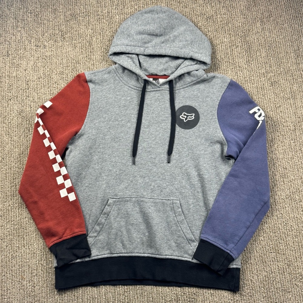 Fox Racing Womens Colorblock Hoodie Grey Red Blue Checkered Logo Sweatshirt M